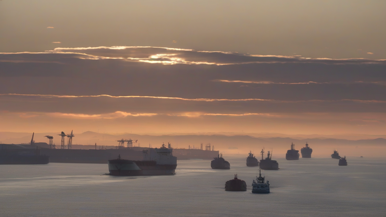 Aerial view of a narrow sea strait at dusk with a sparse scatter of cargo ships, several turned and heading back