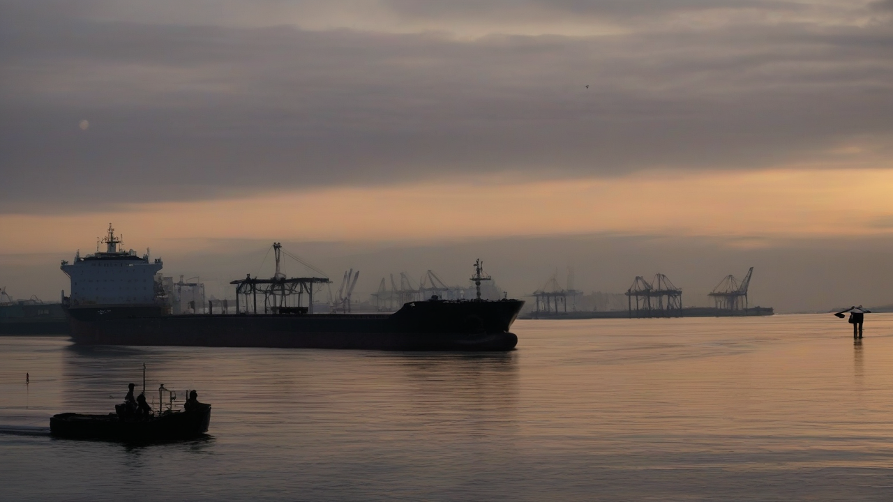 A tanker silhouette turning back in a narrow channel while a harbor price board climbs, the water behind it empty of other traffic