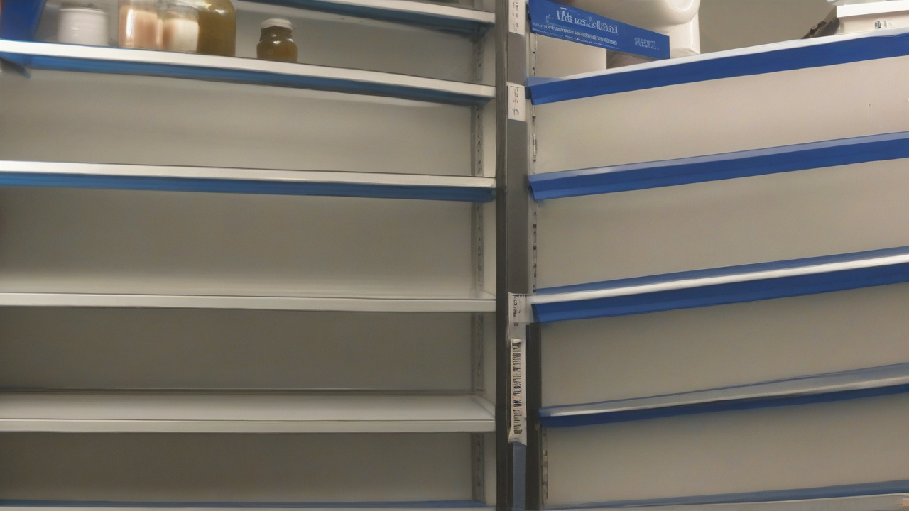 A kitchen shelf as a timeline, the left half full and warmly lit, the right half nearly bare under cold light, a benefits notice half-visible in the center