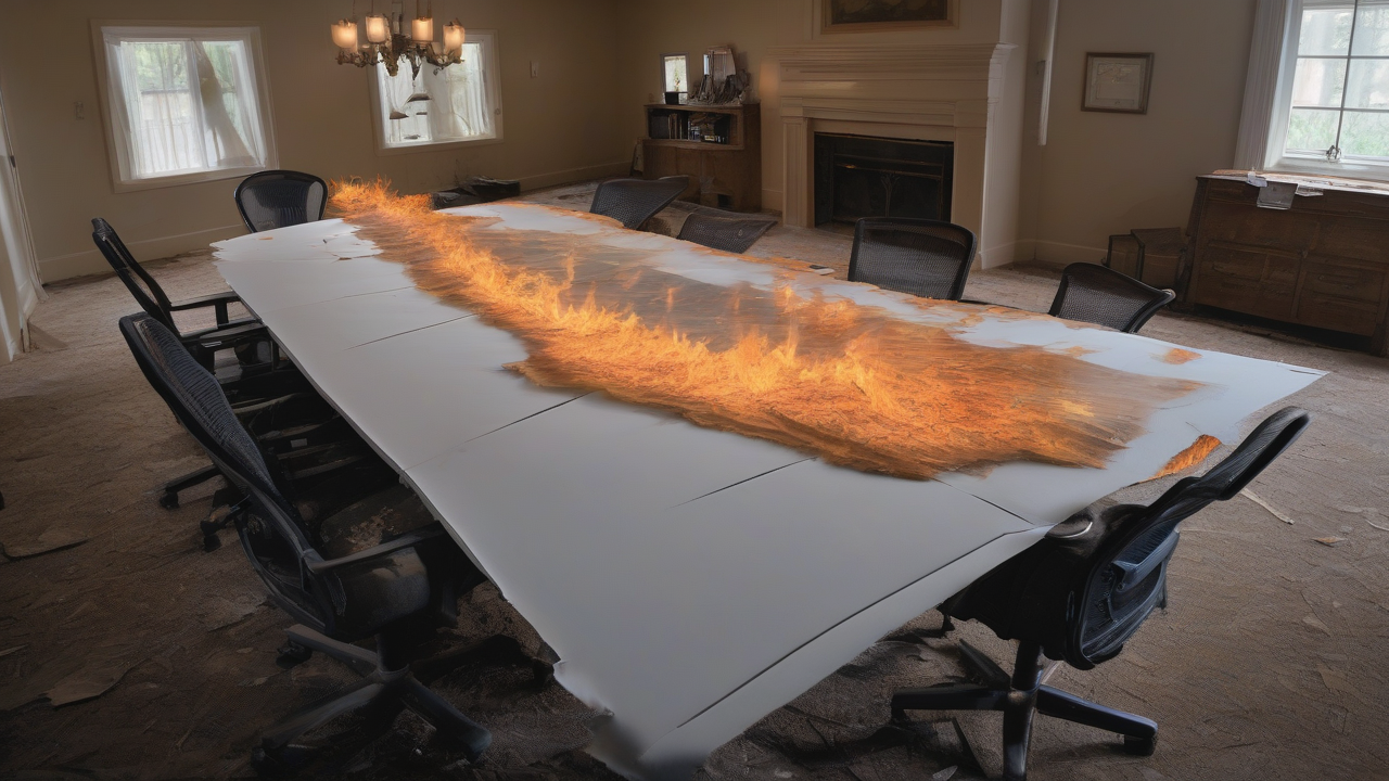 A torn paper document on a polished diplomatic table seen from above, a distant orange glow reflected on its surface