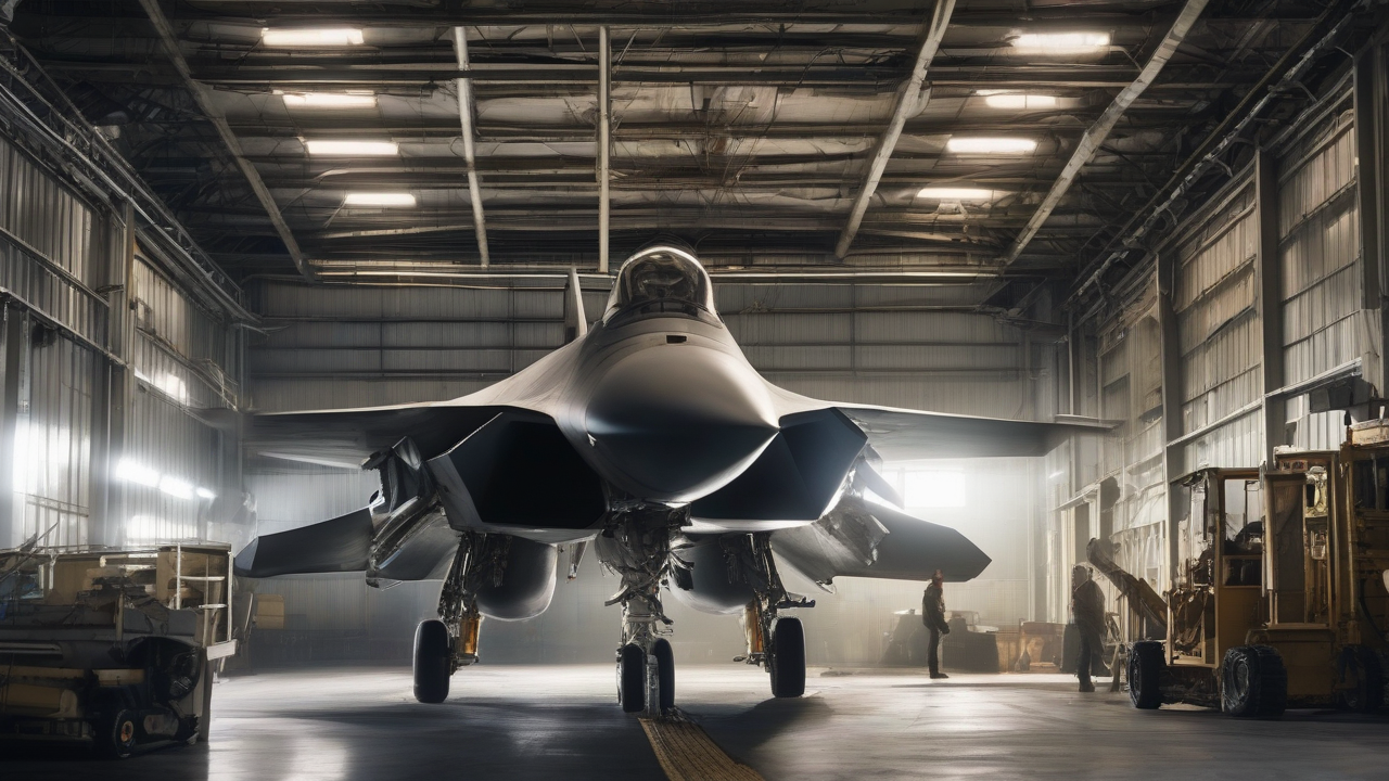A stealth fighter jet parked under a hangar with a chain and padlock draped across its nose wheel