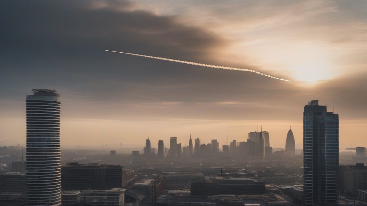 An empty sky over a city at dawn, one lone interceptor contrail curving upward while several missile trails descend unopposed