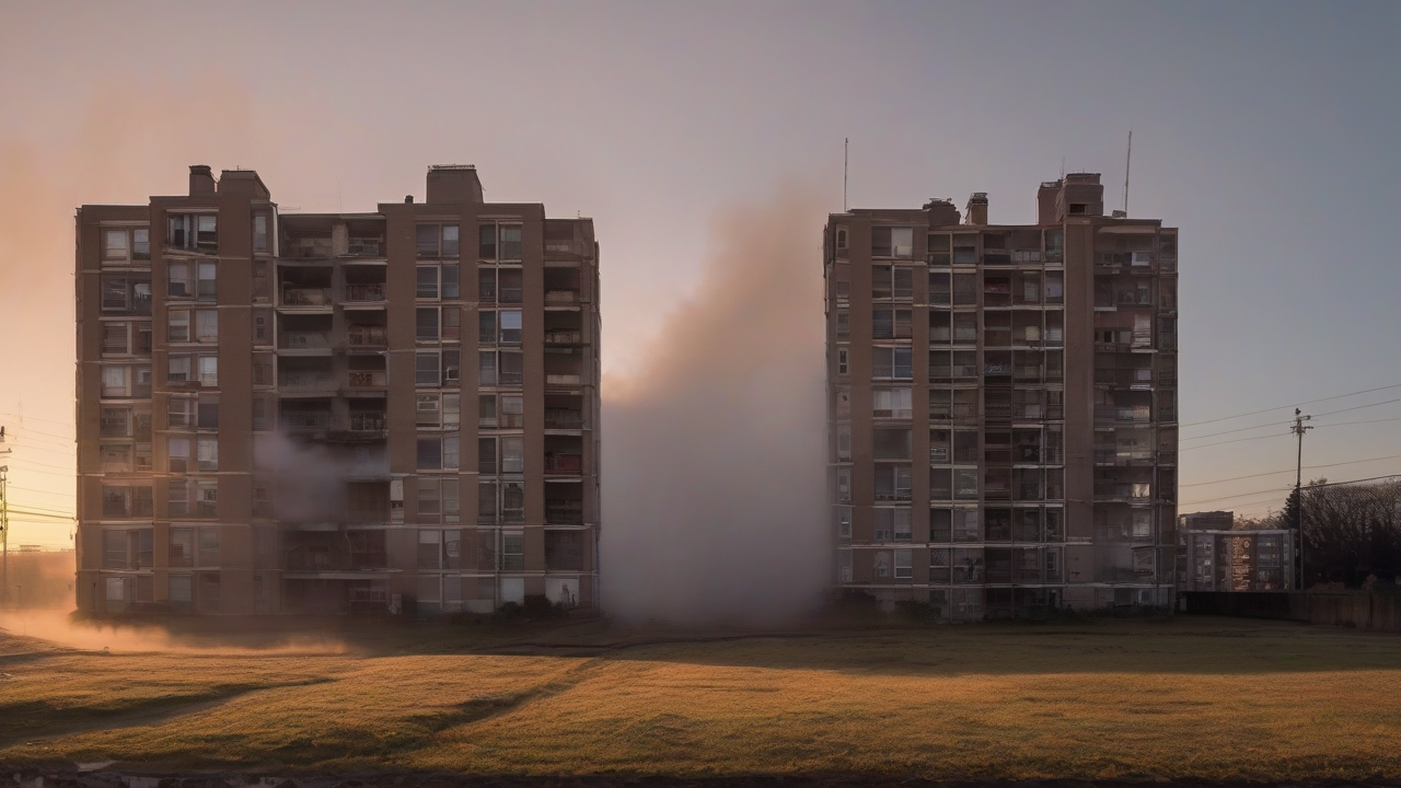 A cratered apartment block at dawn under a sky streaked with descending missile trails and no defensive contrails