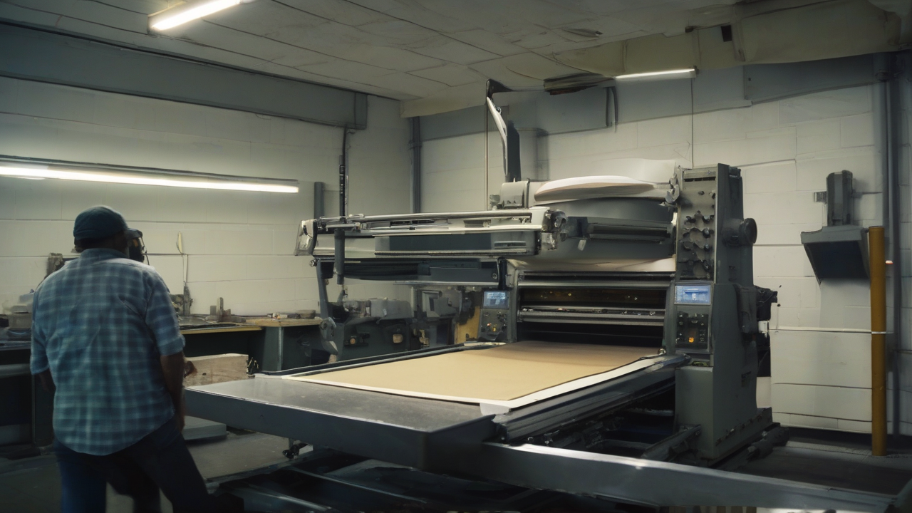 A government printing press running at full speed while ejecting blank sheets, the operator's chair empty, distant light flashing beyond a tall window