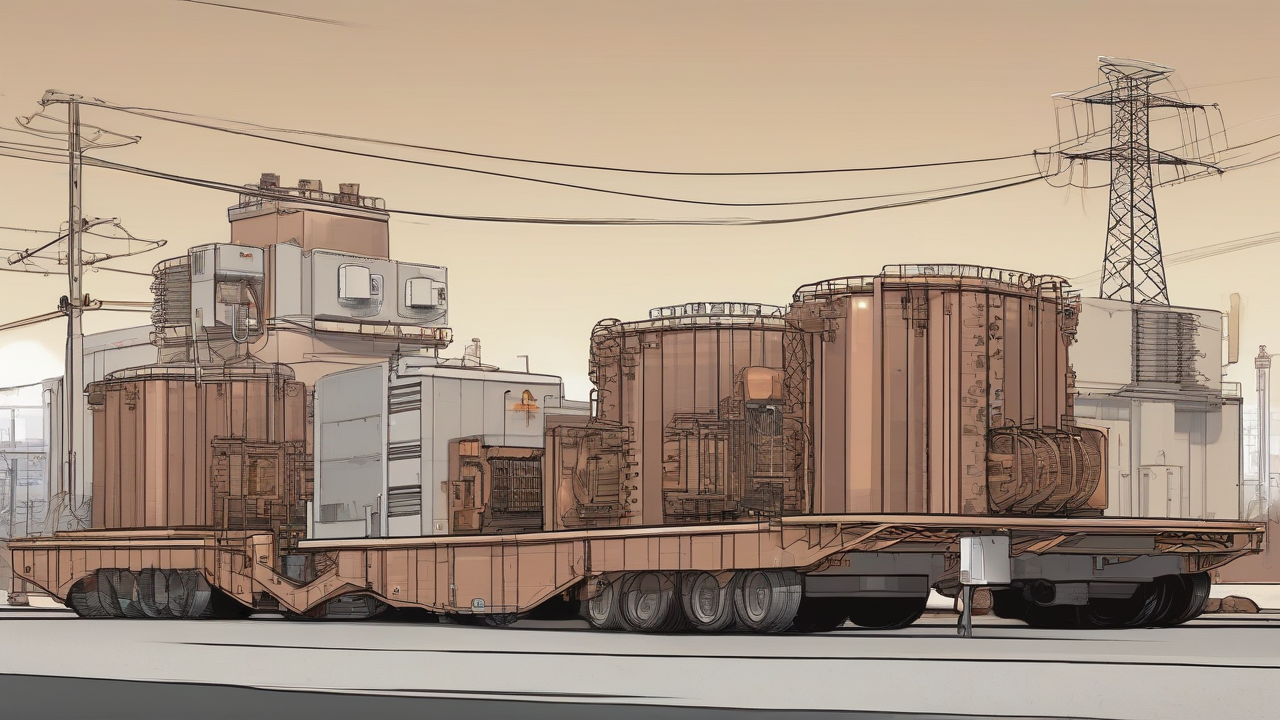 A giant transformer on a flatbed outside an unfinished server campus with residential meters nearby