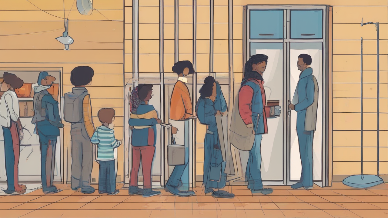 A food pantry line receding behind a household survey chart with its last measurement missing