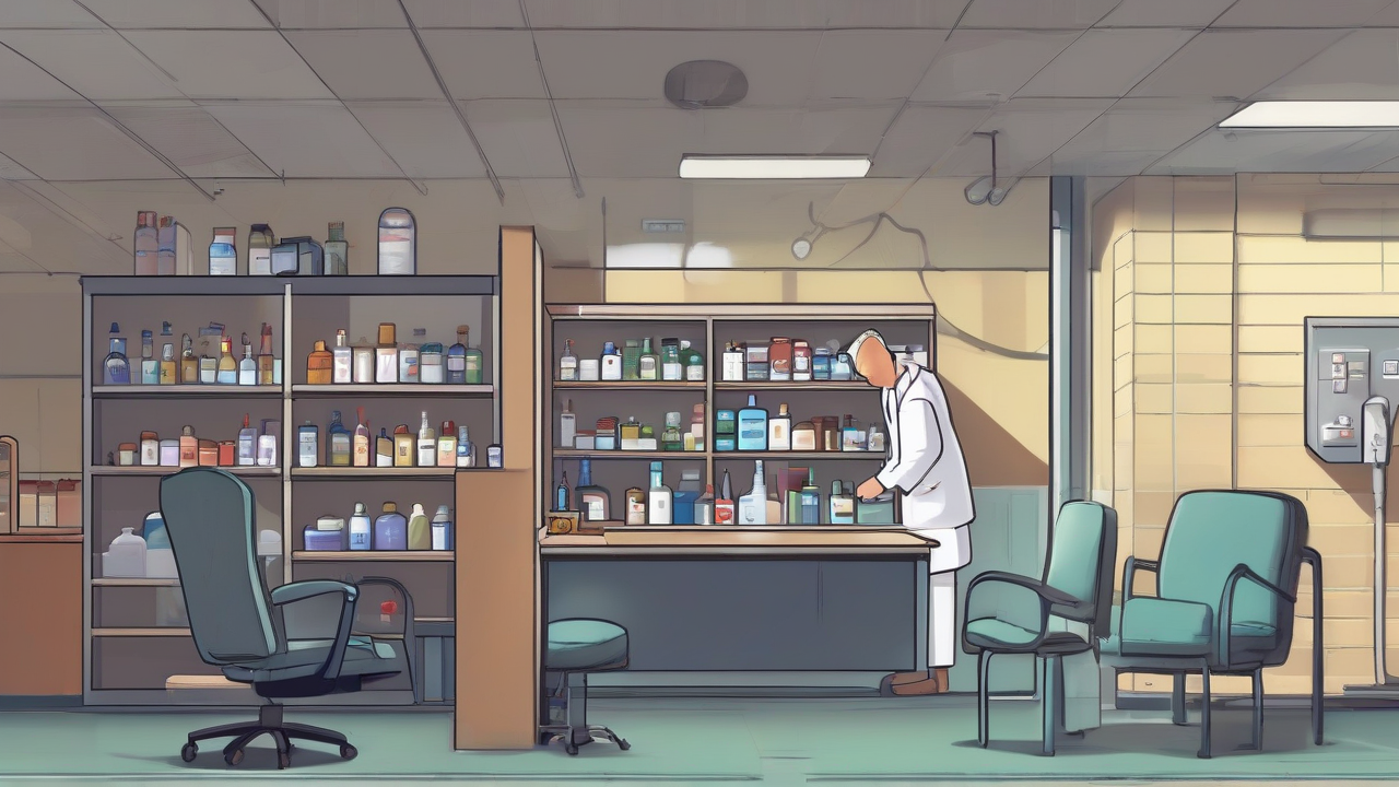 A prescription bottle moving from a phone toward a pharmacy beside an empty medical-board chair