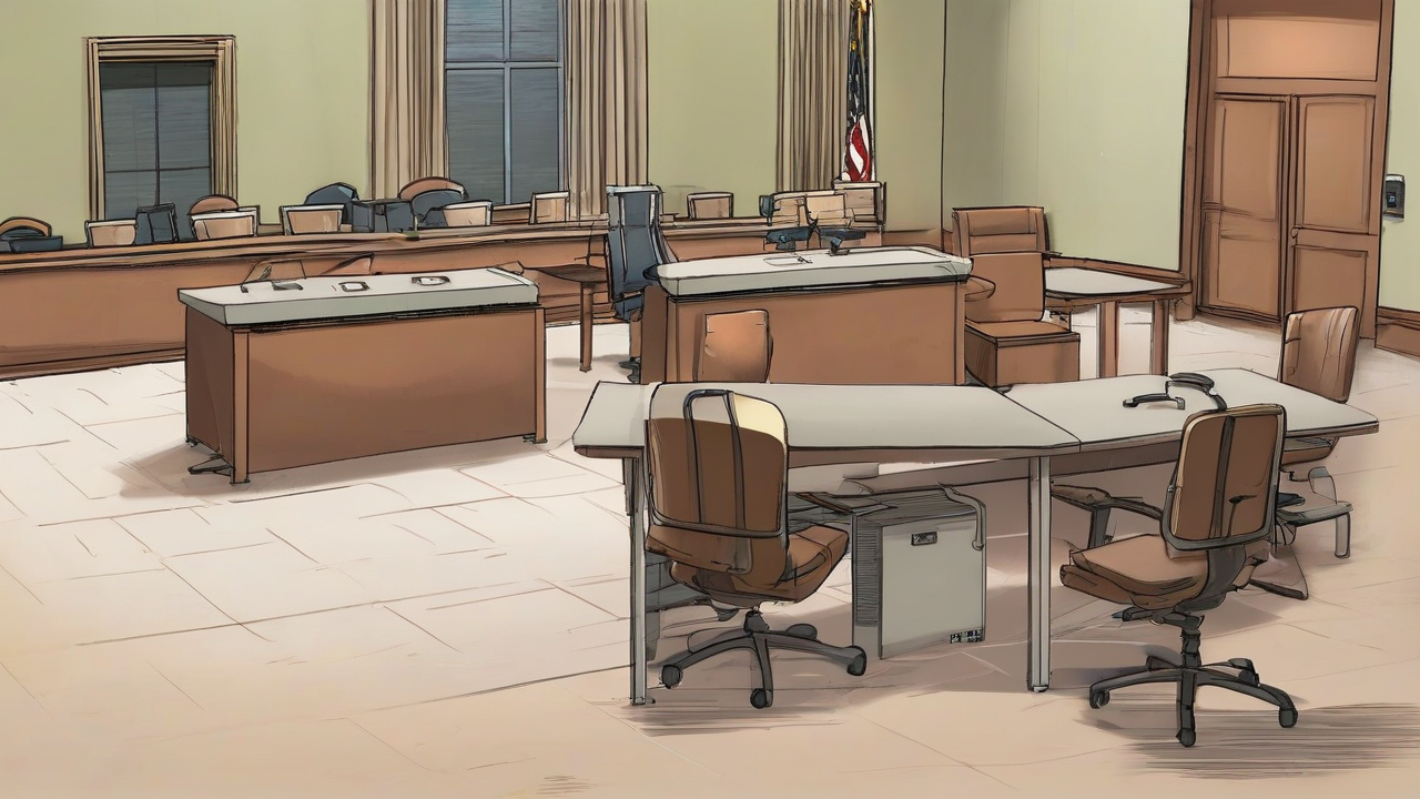 Three empty commission chairs facing voting-system testing equipment