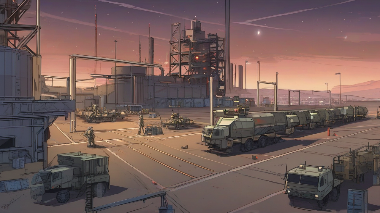 An unfinished missile assembly line facing an empty loading bay and distant city lights