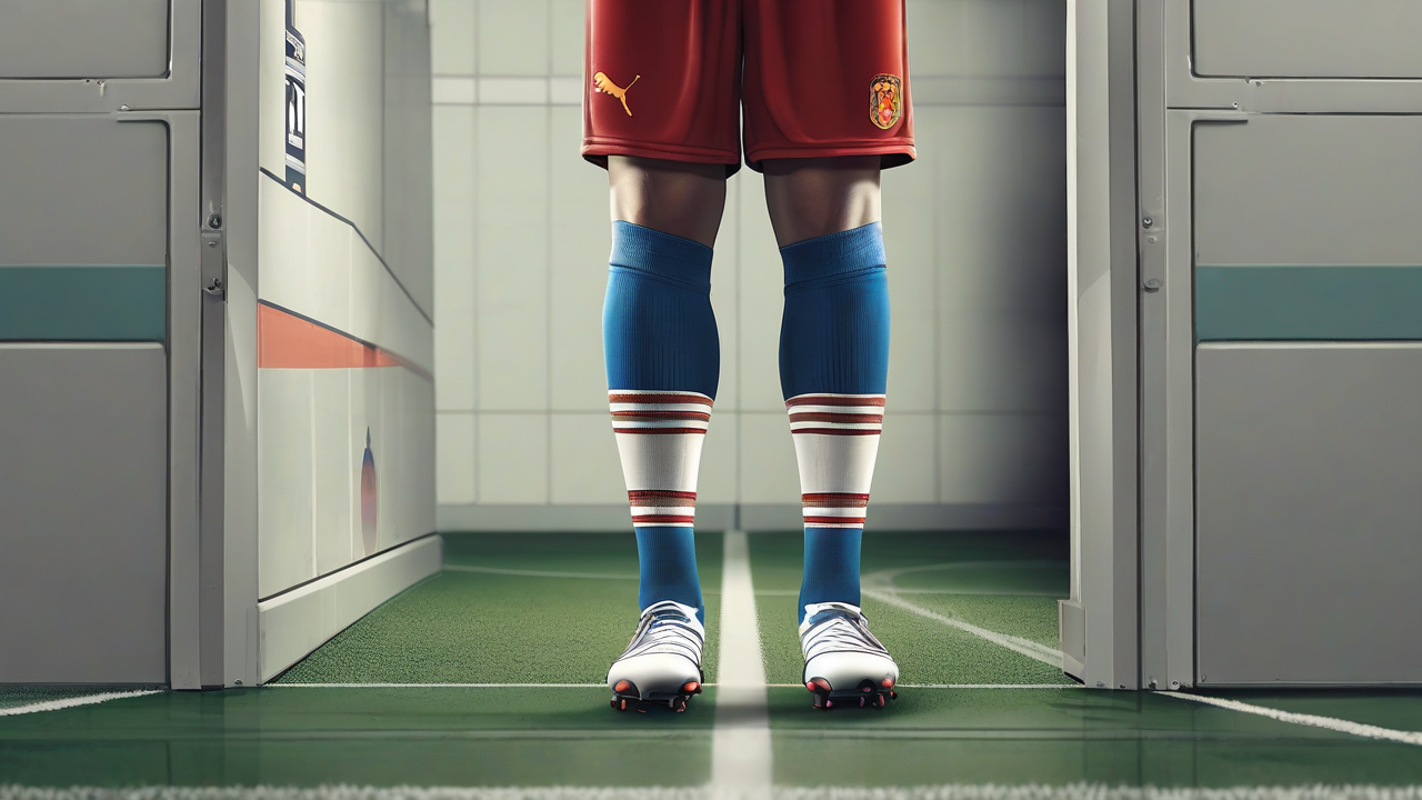 Soccer socks and boots beside a clinical leg scan and an empty stadium tunnel