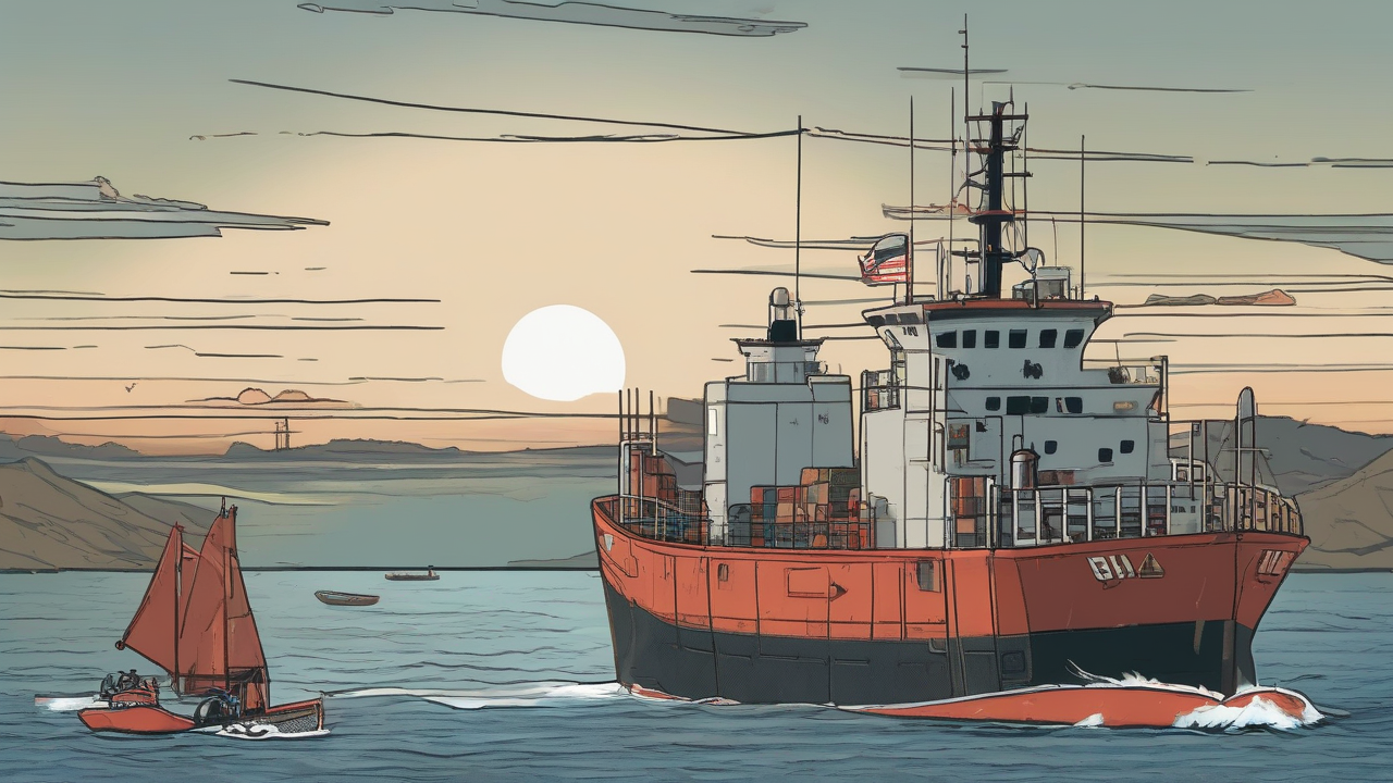 A cargo ship passes navigation buoys as pilot and emergency vessels stand by in an open strait