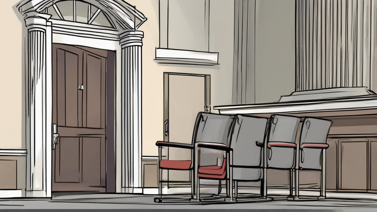 Four empty press chairs and closed notebooks face a sealed courthouse door