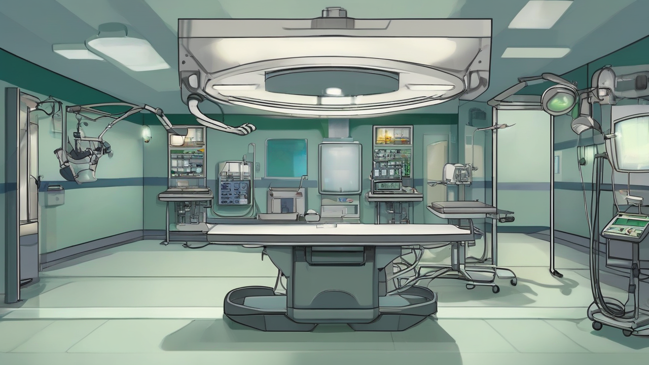 An empty operating theatre with its anaesthesia workstation prepared beside unused surgical lights