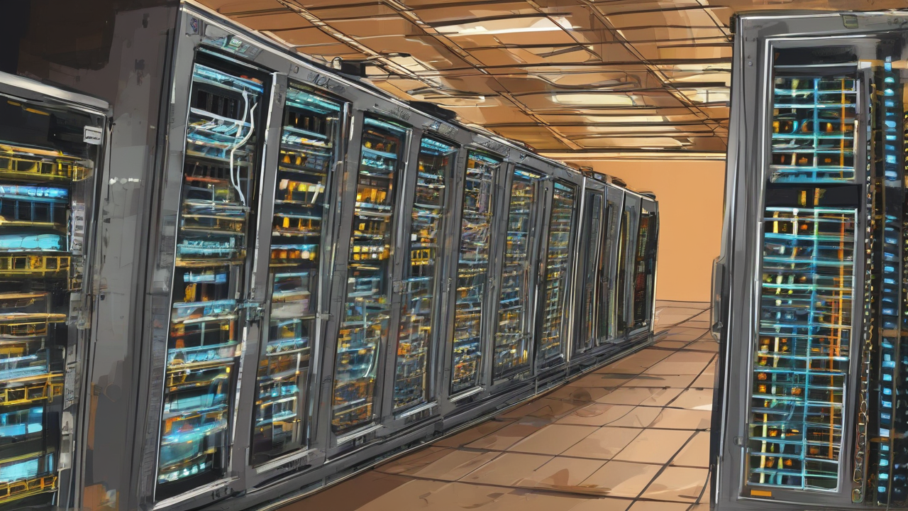 A timing antenna feeds dark server racks as an analog master clock spins backward