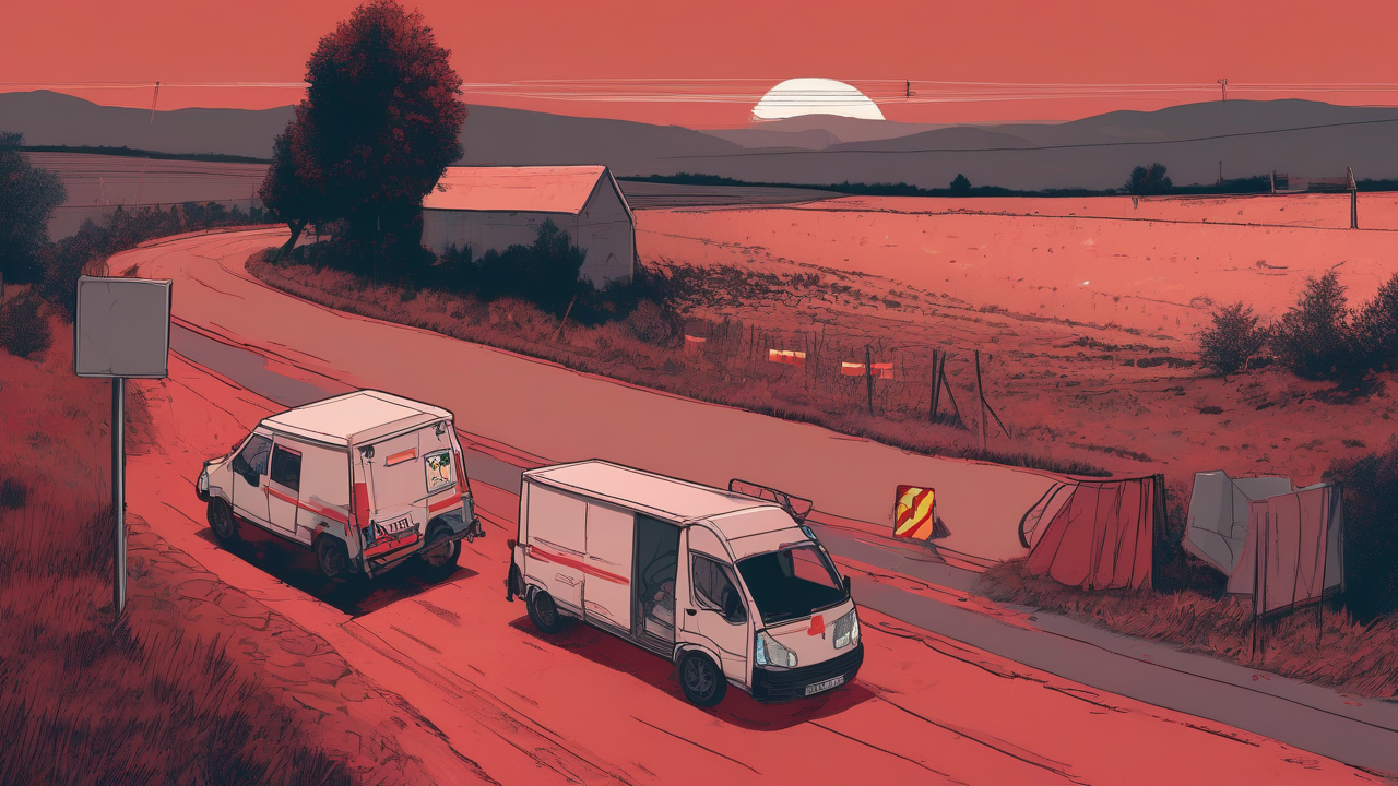 Road crews move barriers on an empty heat-hazed French road beside medical and water vehicles