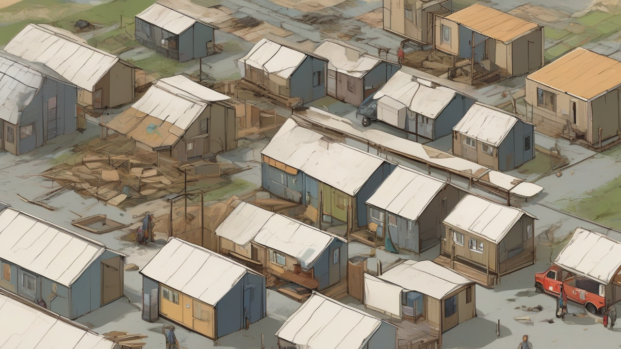 Damaged coastal apartment blocks stand behind field clinics, water tanks, and relief pallets