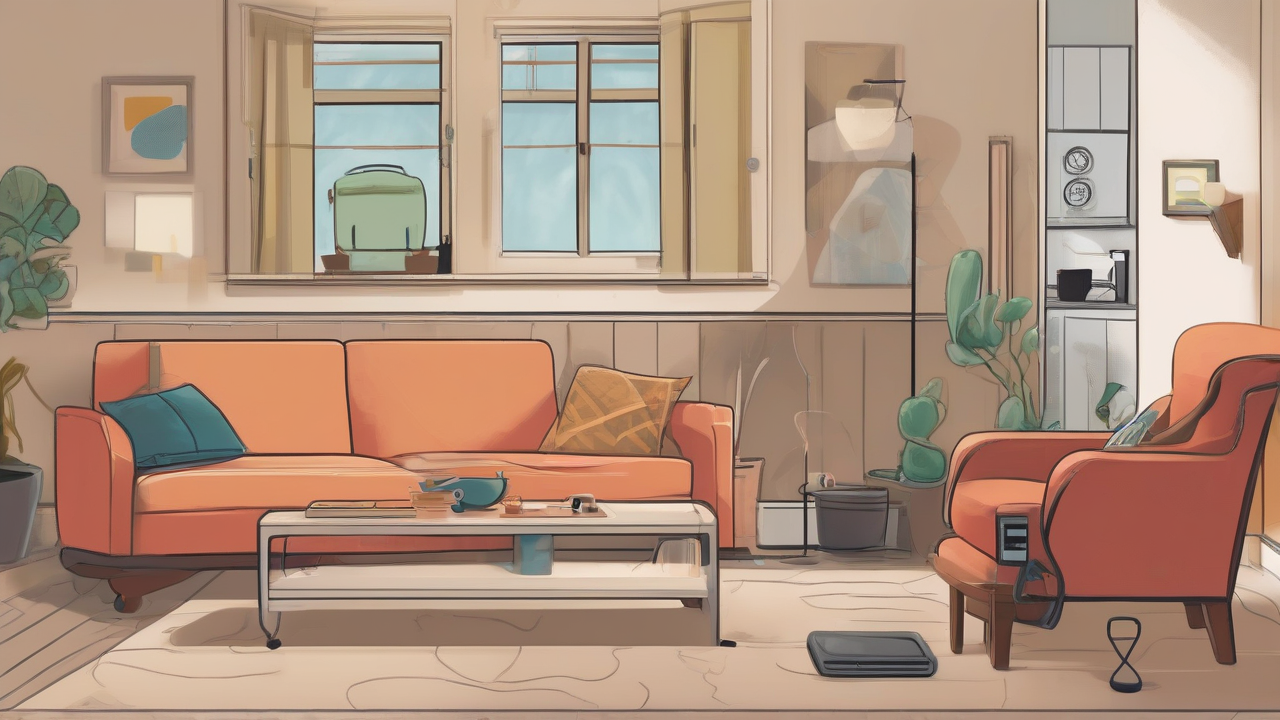 An empty armchair faces an unbranded tablet, motion sensor, remote-control hub, and tabletop companion device
