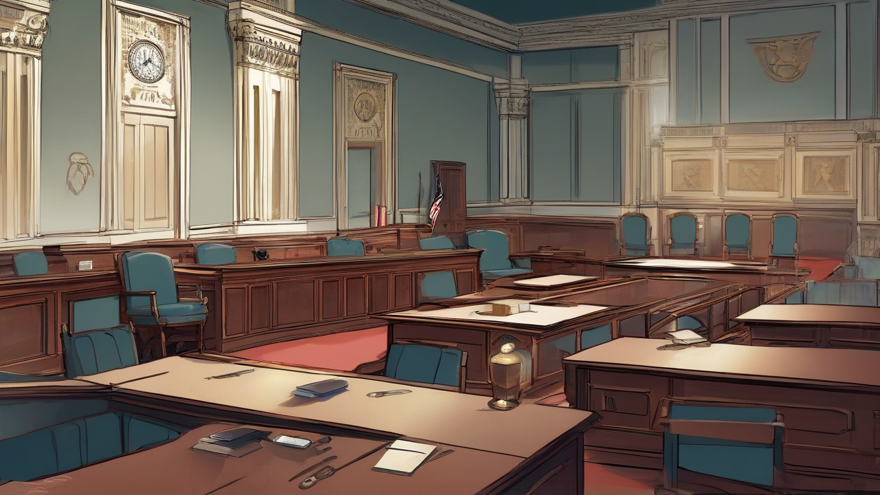 An empty unmarked Senate-style desk and chair stand under a restrained chamber light