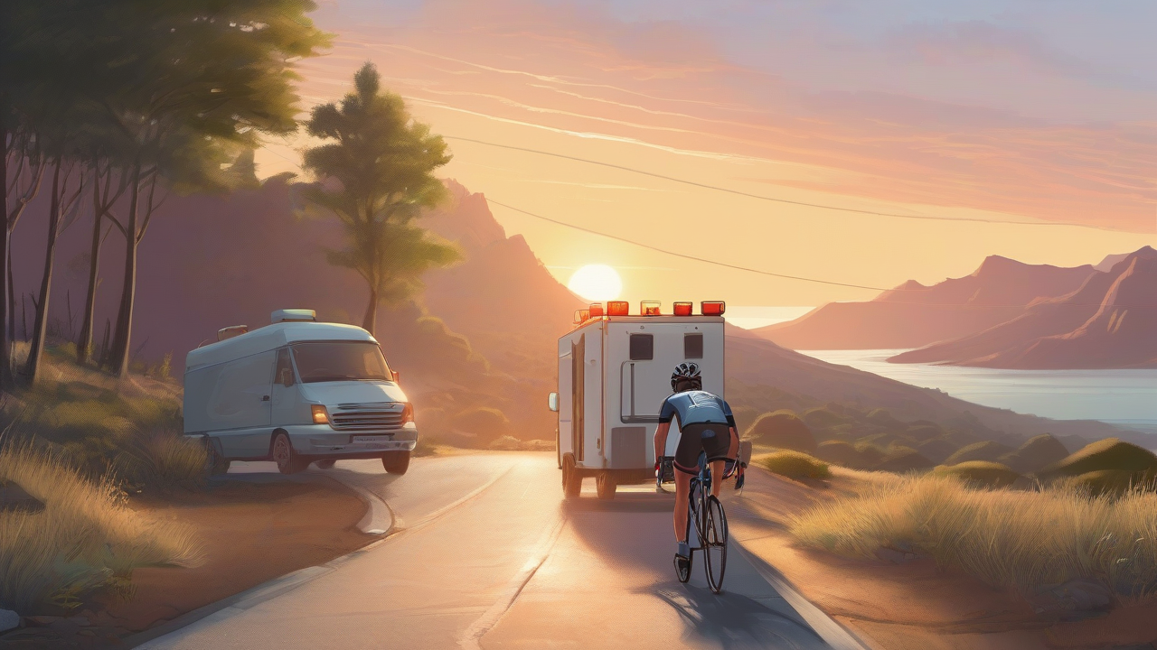 An empty mountain road appears at cool dawn and again under severe midday heat beside water and medical vehicles