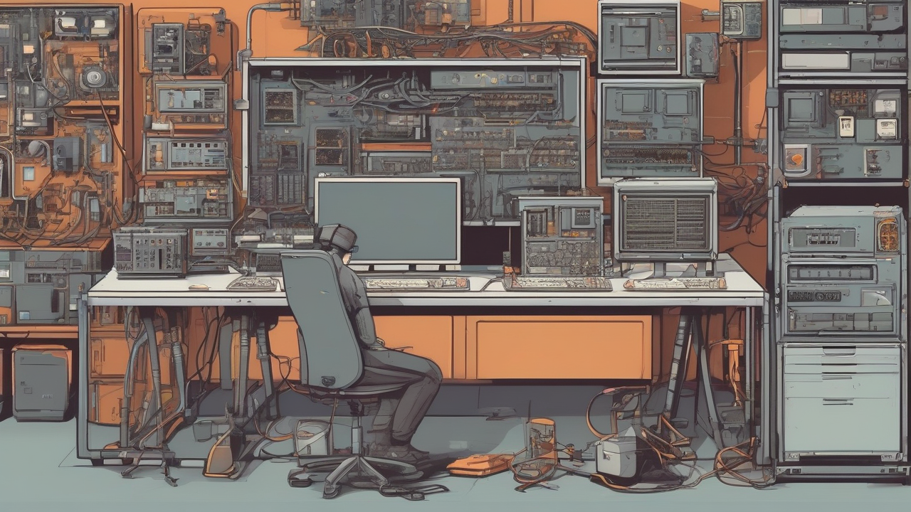 Hands assemble unmarked computer components beside an idle automation arm and keyboard
