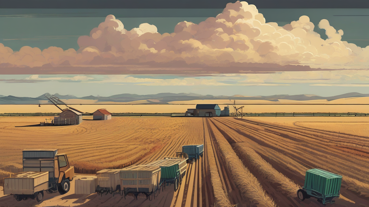 Dry grain fields and flooded crop rows sit beneath warm Pacific cloud bands near produce crates