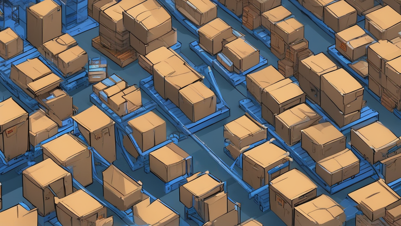 Rows of memory modules on a factory pallet under warehouse lighting with a rising price line implied by stacked crates