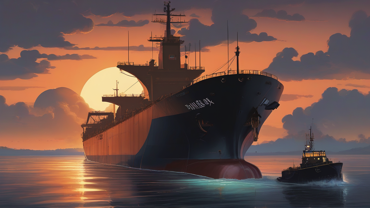 A loaded oil tanker riding low in a narrow strait at dusk, warships silhouetted on the horizon