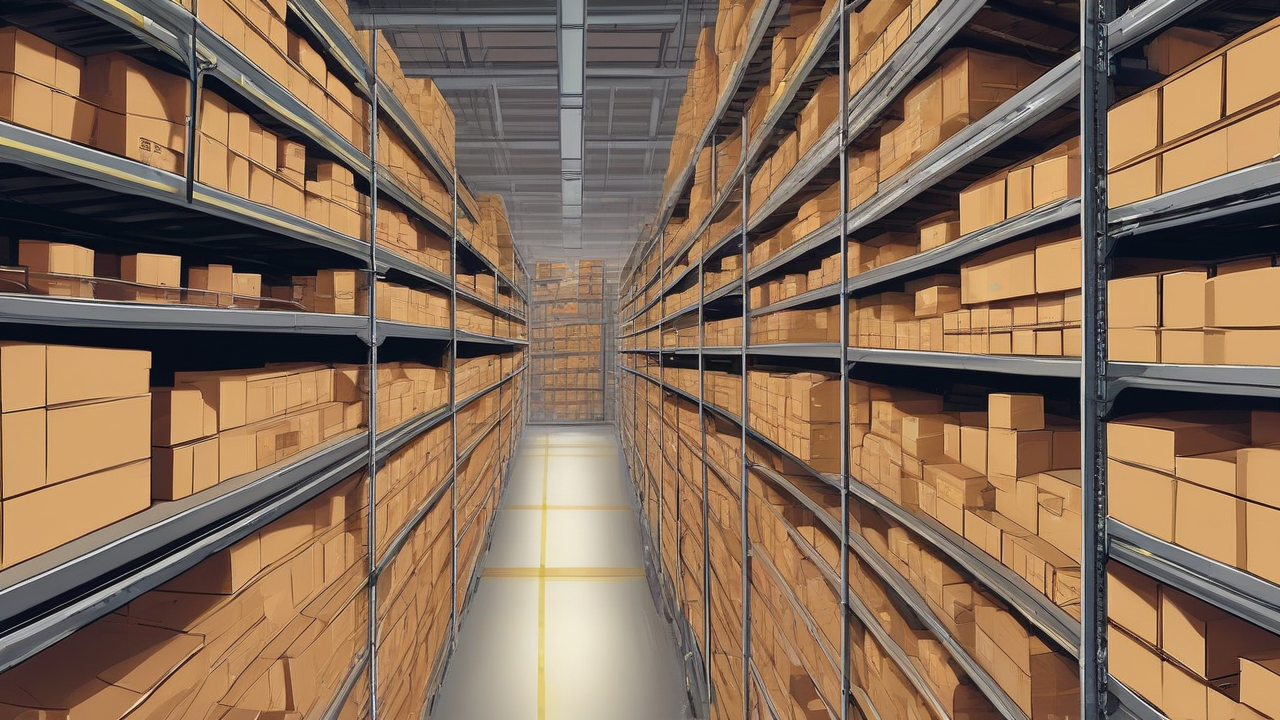 Rows of stacked cardboard boxes of unopened protective equipment filling a dim warehouse, sealed and untouched