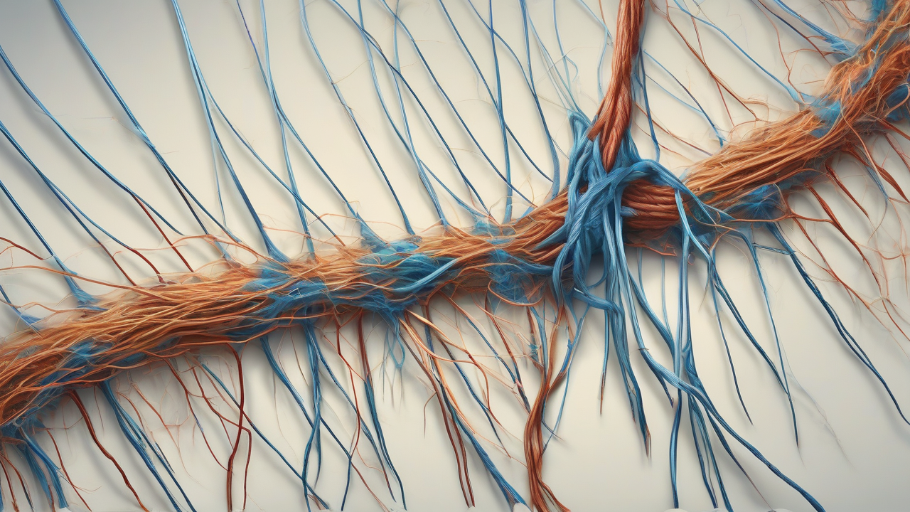 Editorial illustration of a spinal injection route to the brain with tangled protein fibers dissolving