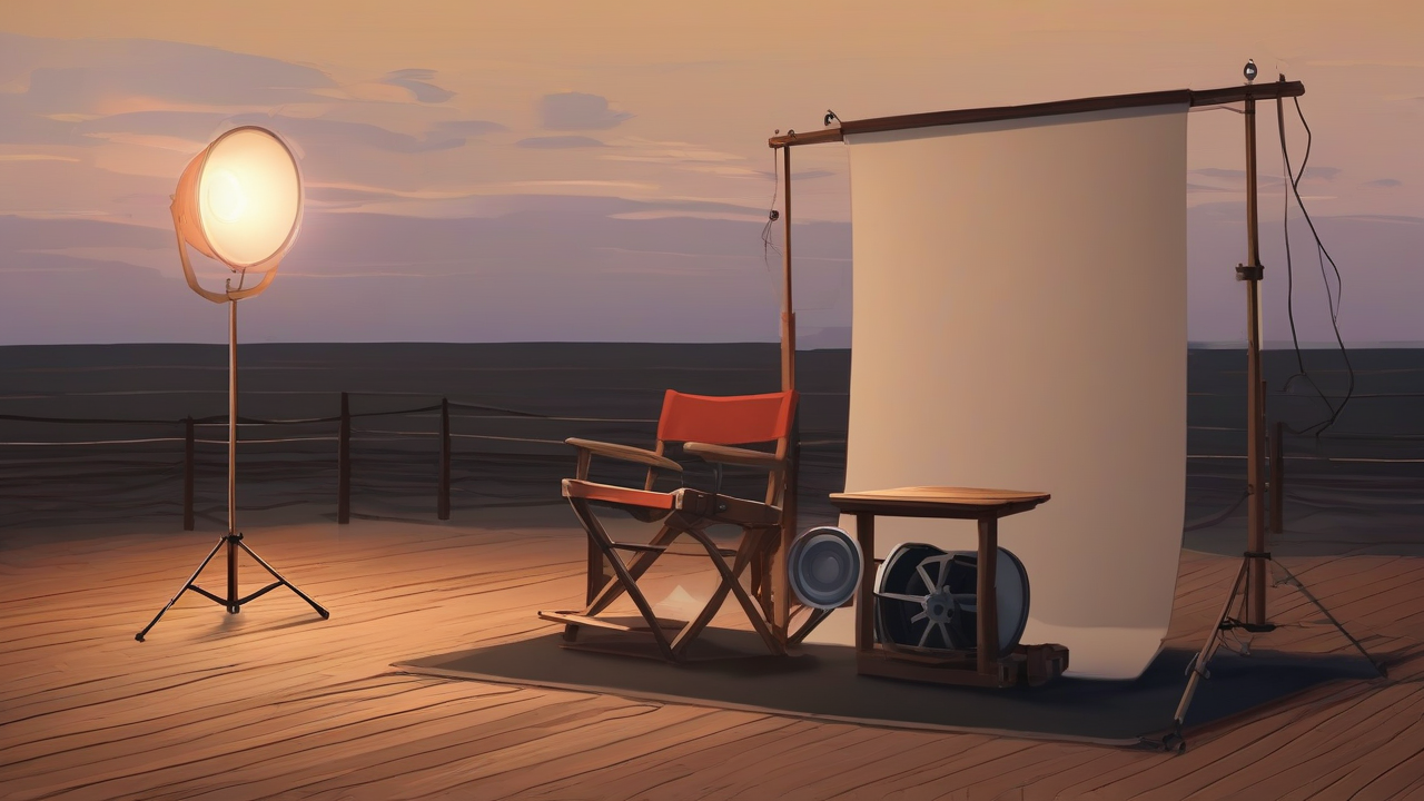 An empty film-set director's chair beside a coiled reel of celluloid on a wooden stage, warm evening light