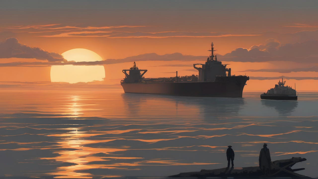 A darkened cargo tanker holds position at the mouth of a narrow strait as a gray warship idles at the horizon under a hazy dawn sky