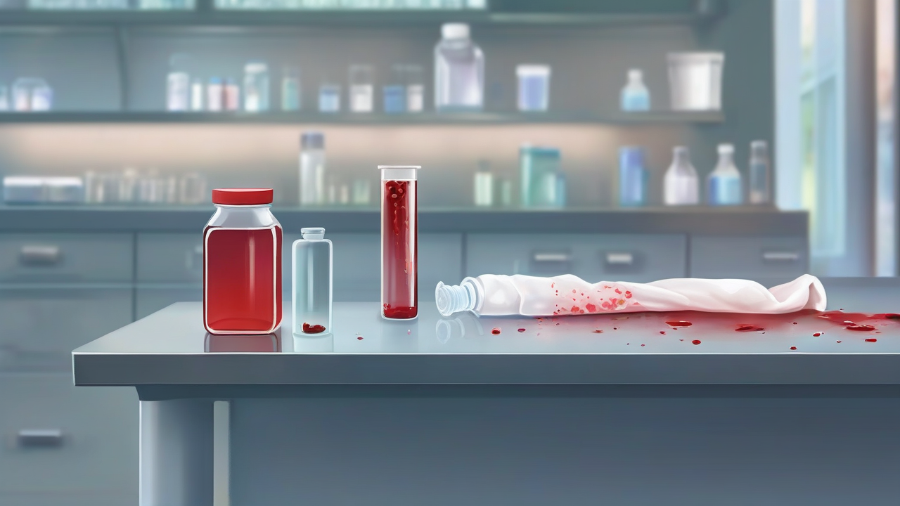 A gloved hand holding a small vial of blood beside a lab bench, with a blurred clinical setting behind