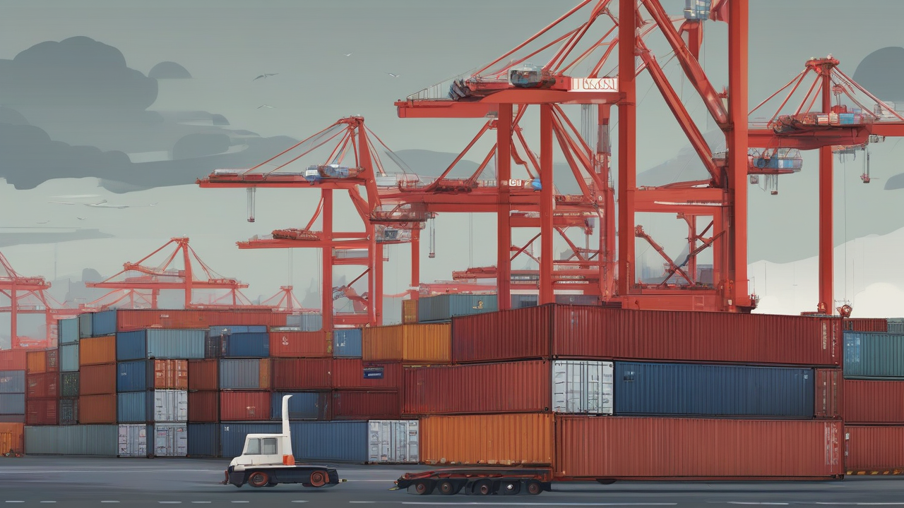 A near-empty container yard at a Chinese port under grey sky, stacked boxes and idle gantry cranes