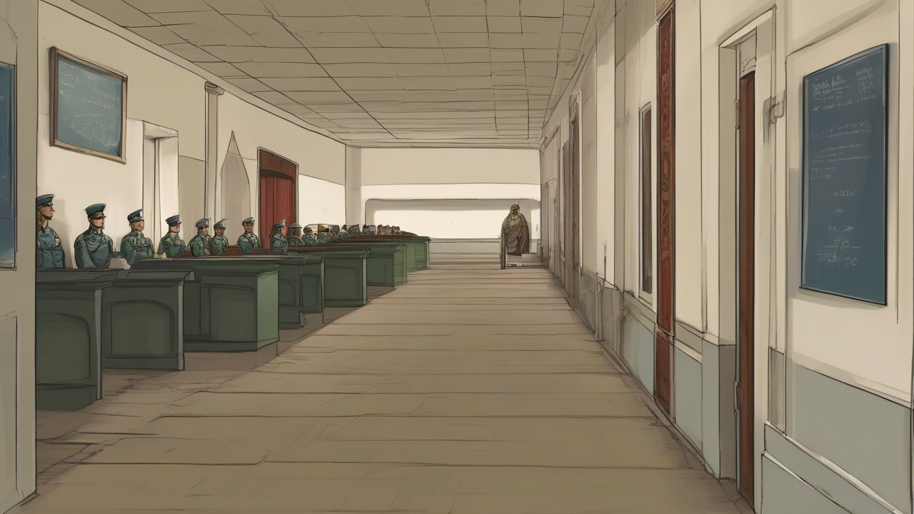 An empty army induction desk beside a study hall of open religious texts, divided by a corridor