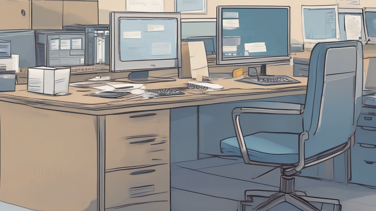 An empty office desk with a partly packed cardboard box, a dimmed monitor showing a generic ranked list, and an out-of-office notepad