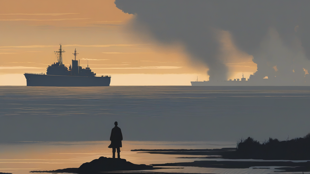 A lone figure stands at a darkened shoreline watching a plume of smoke rise over a narrow shipping strait as a warship silhouette waits offshore