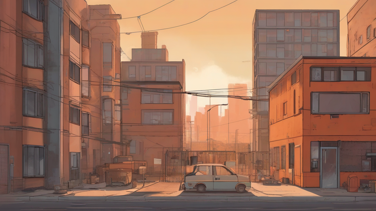 A smoke-hazed city block with a closed playground, respirator and portable air filter