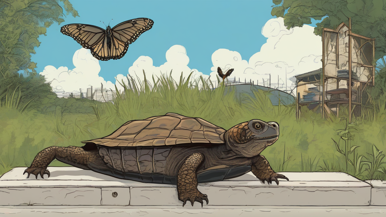 A butterfly, owl, and turtle waiting before separate habitat-plan gates