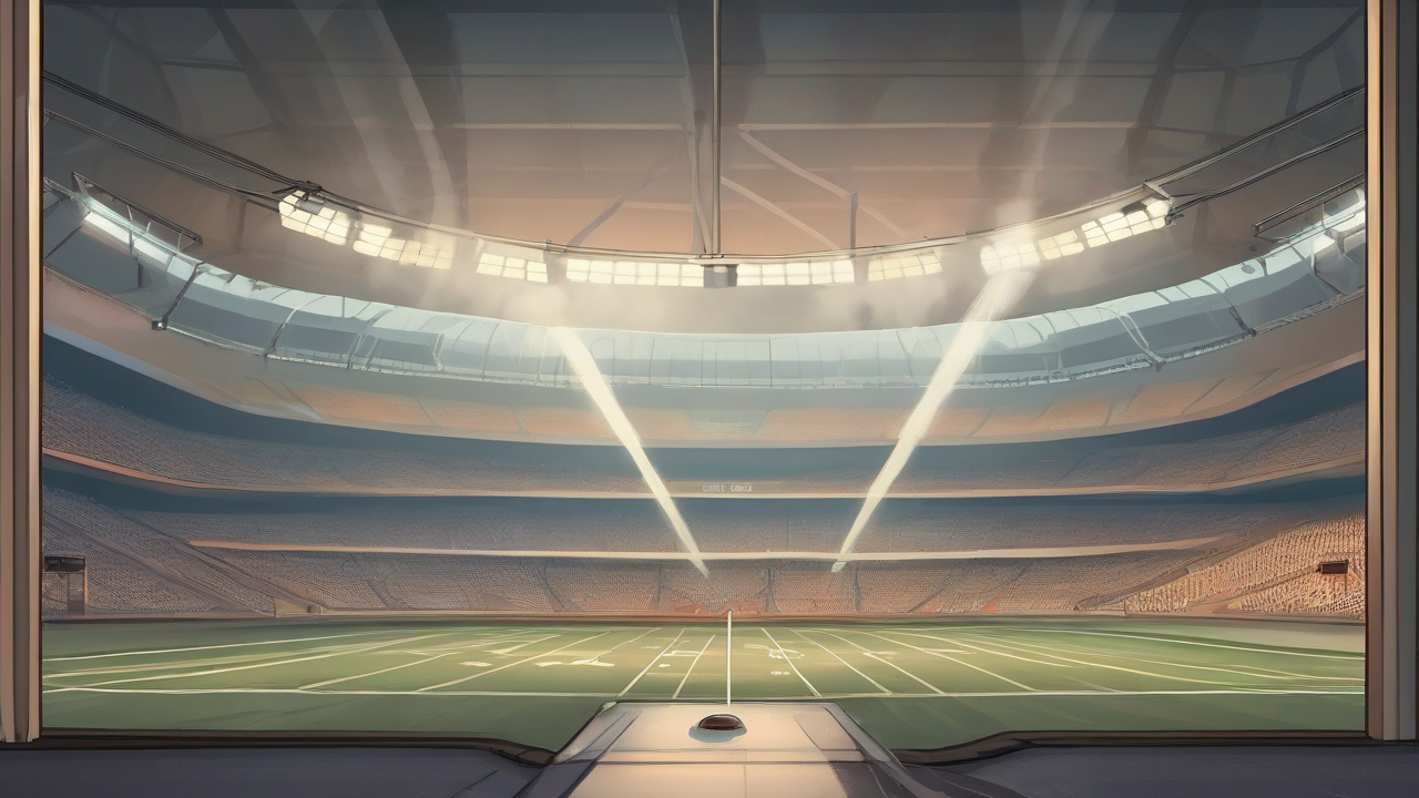 An empty stadium between two smoke plumes beside an unmarked air-quality gauge