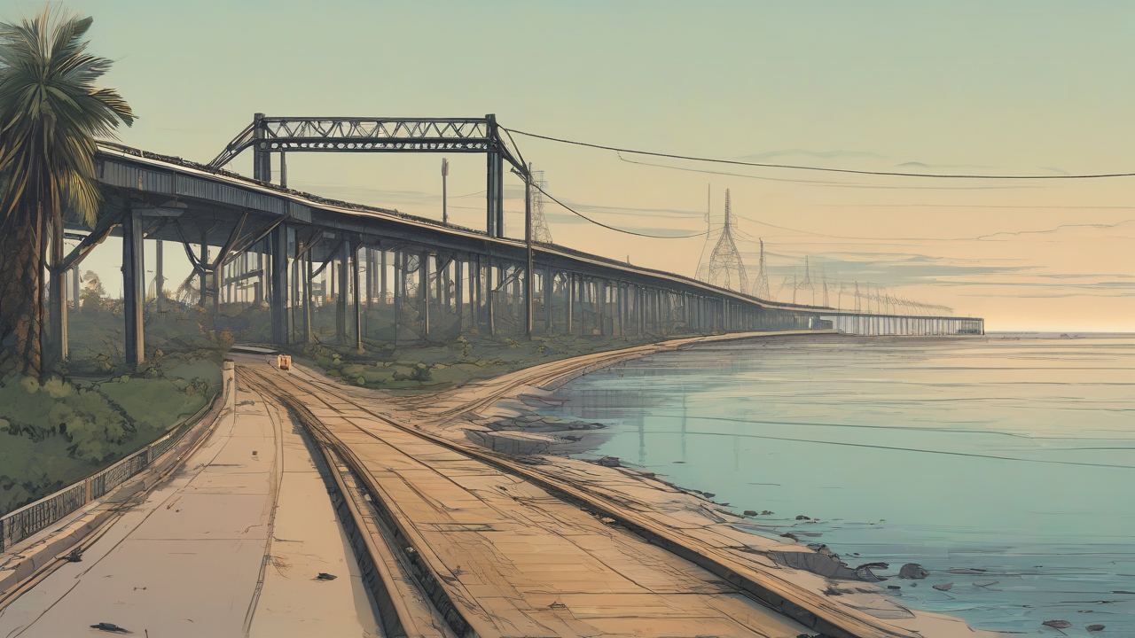 Damaged road and rail spans approaching a Gulf port through heat haze