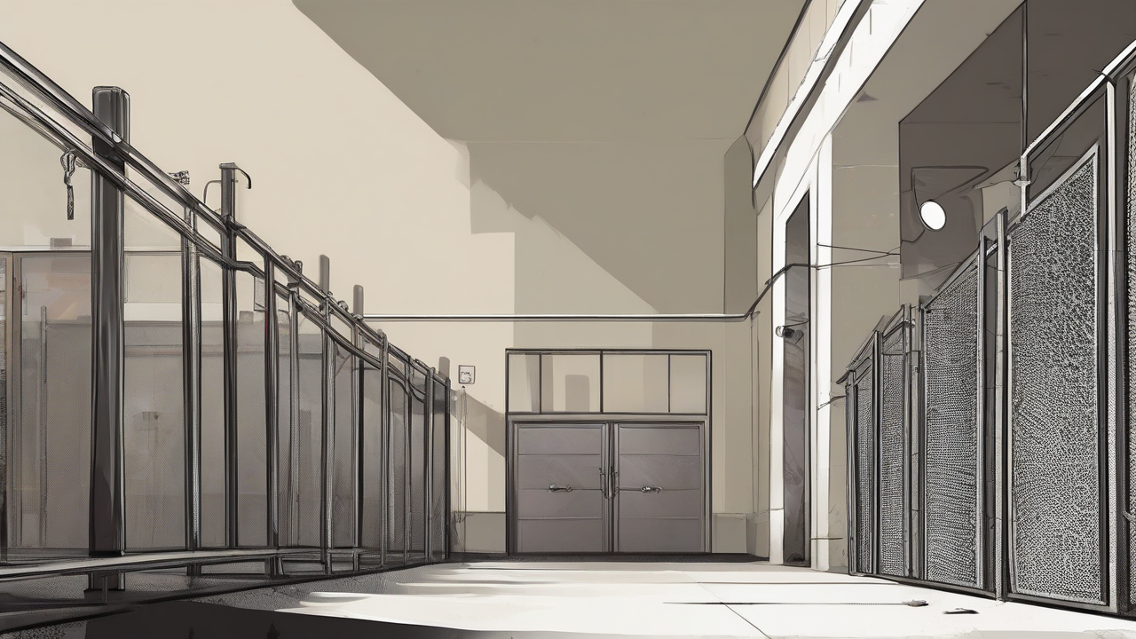 A locked institutional gate opening onto empty dormitory windows and an abstract revoked-license seal