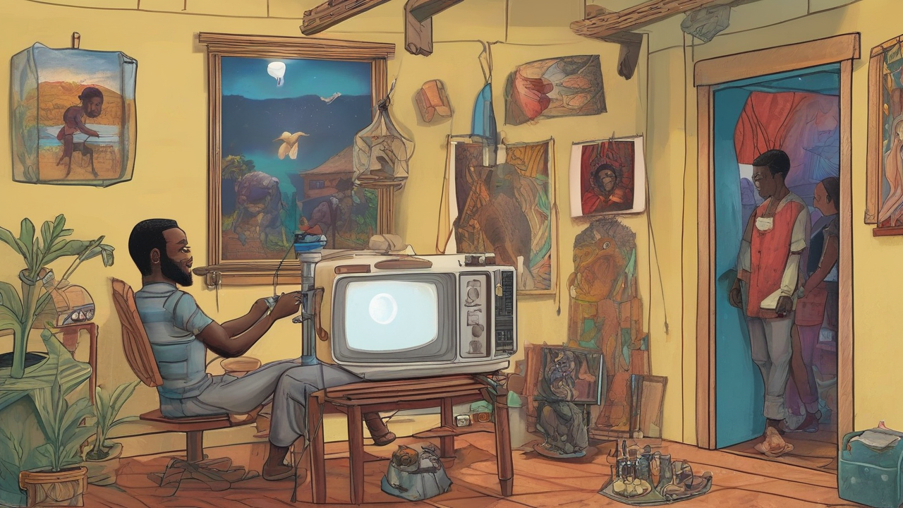An Accra artist paints a fantastical scene on a flour sack beside a video projector and archival rack