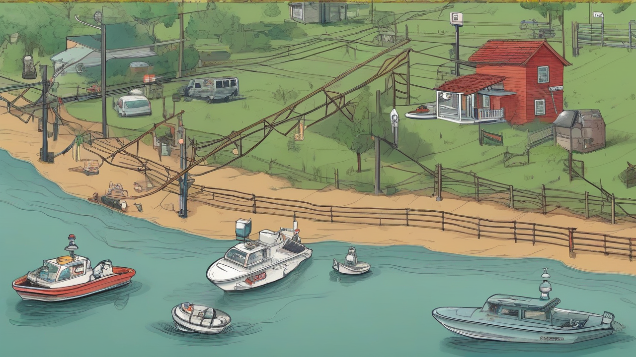 A river gauge, siren, phone alert, evacuation road and rescue boat connect several Texas communities