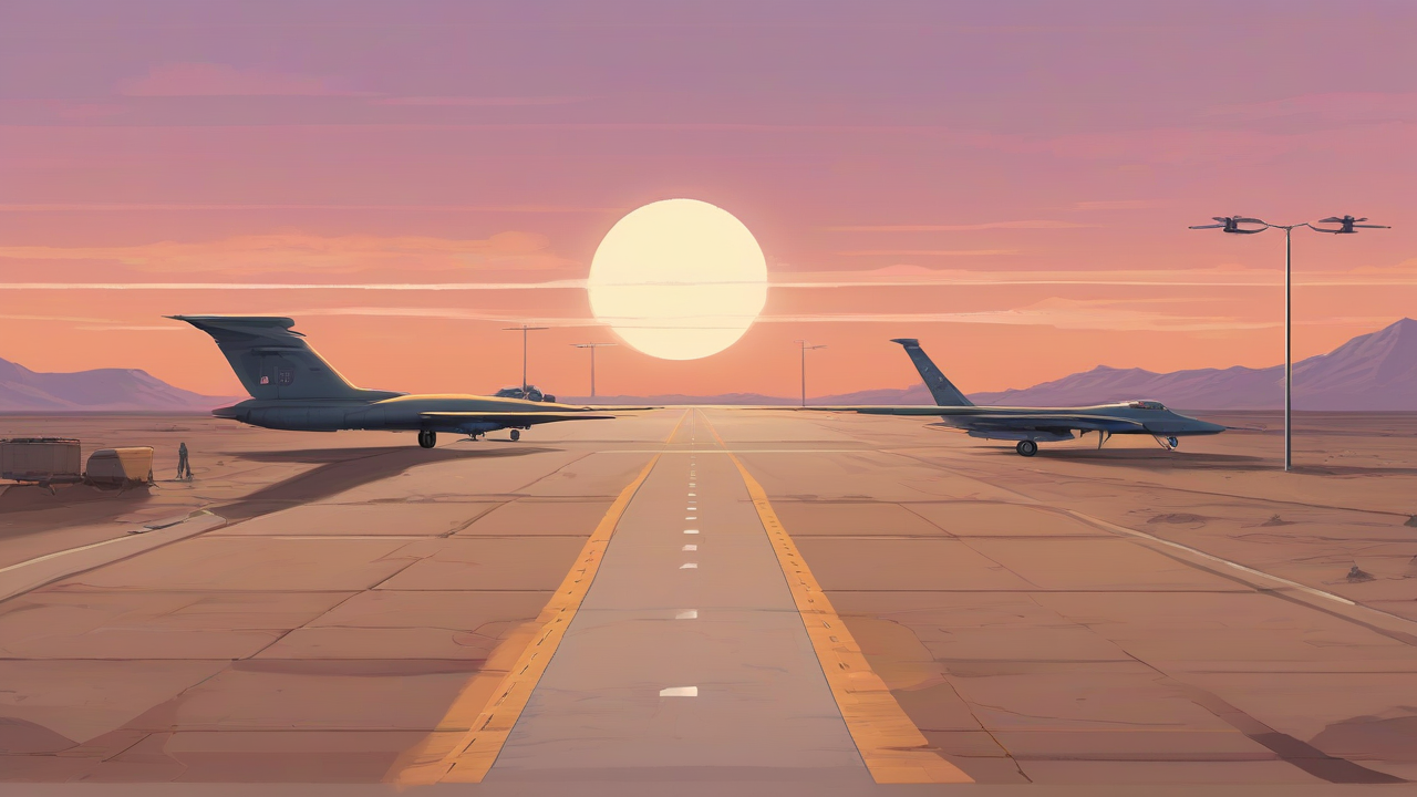 An empty desert air-base runway beside a search grid, flight path and open shipping lane