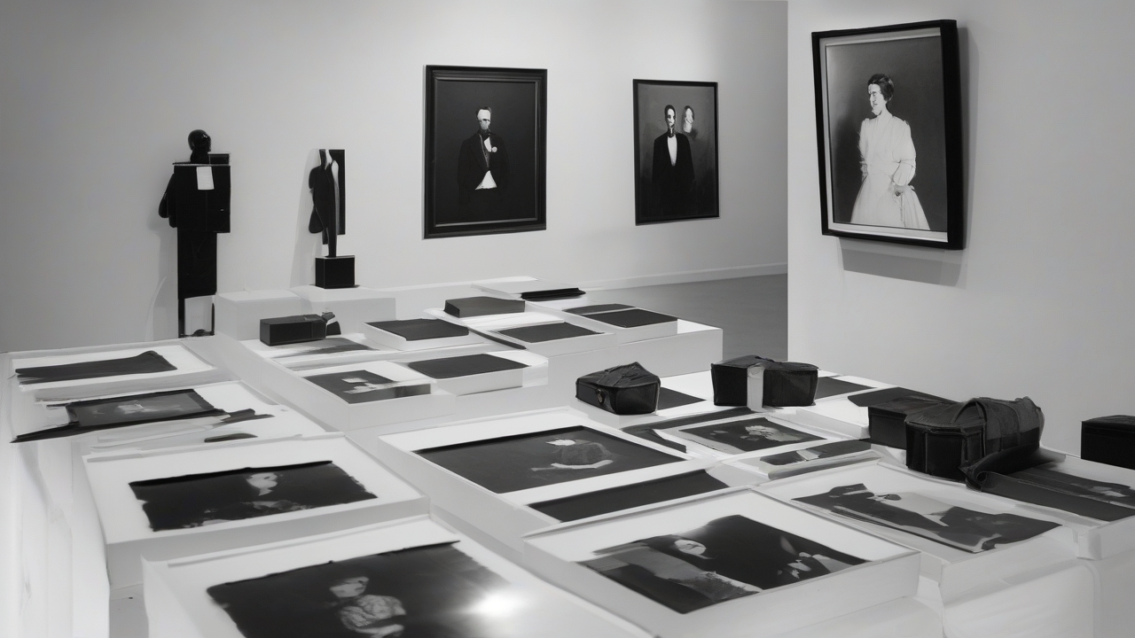 Twenty archive boxes opening onto nine anonymous portraits in a small gallery