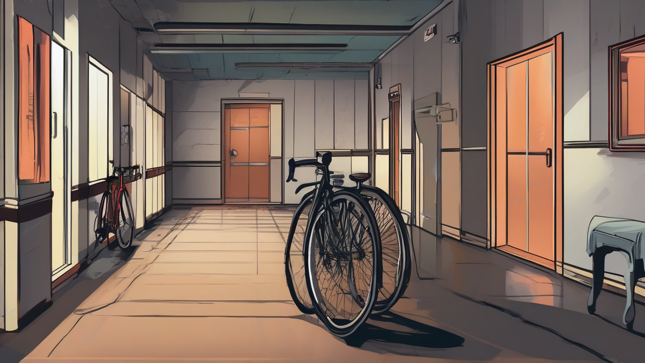 A dark hotel corridor leading from a sample kit to an empty bicycle and dawn road