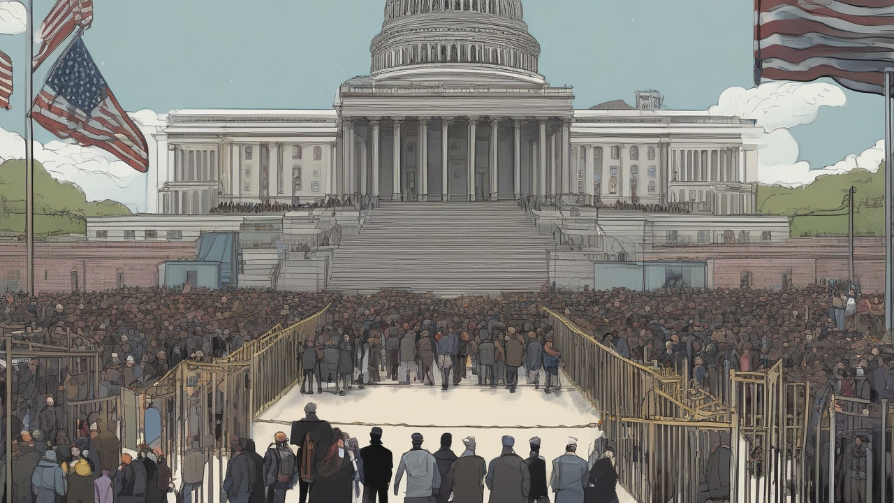 A large crowd passes barricades toward a distant government meeting room
