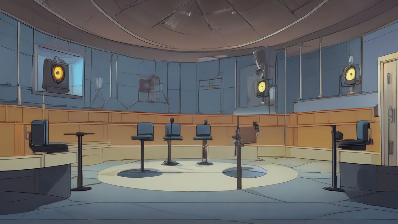 An empty television studio faces a closed regulator hearing room