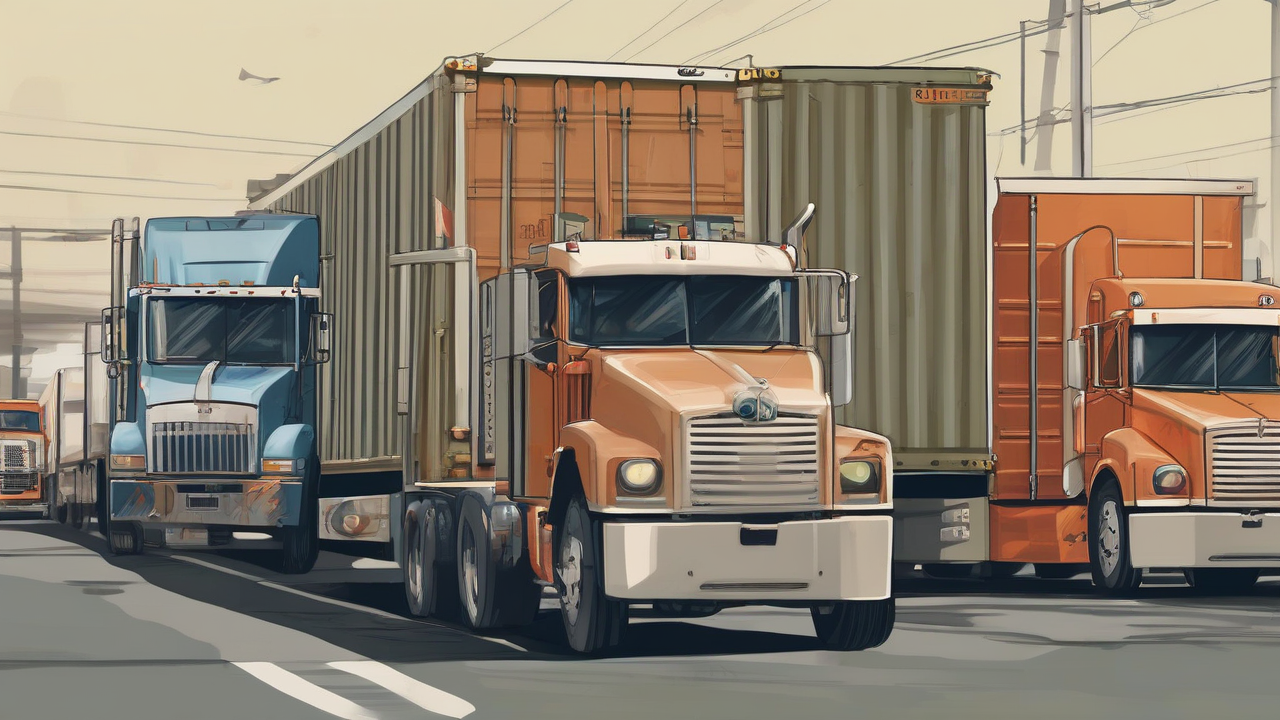 Freight trucks wait at a border crossing beside three tariff ledgers