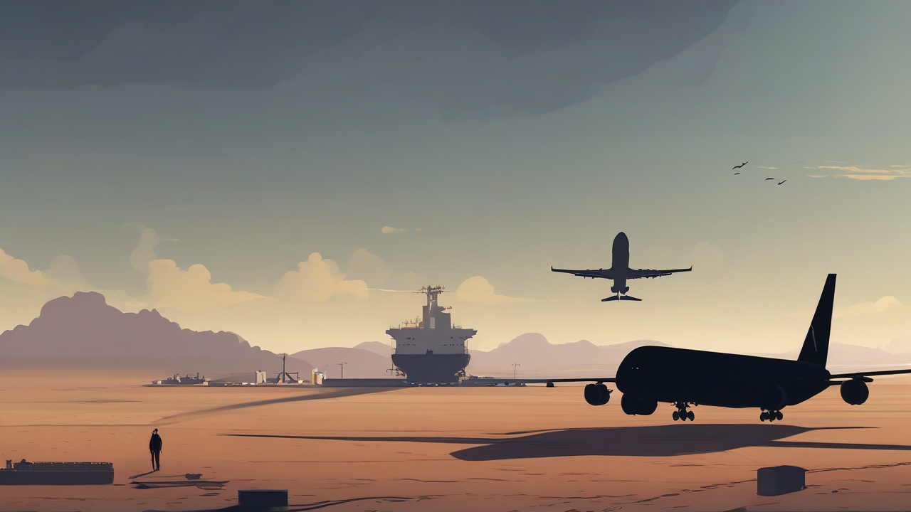 Aircraft cross a dark horizon above an unresolved commercial shipping lane